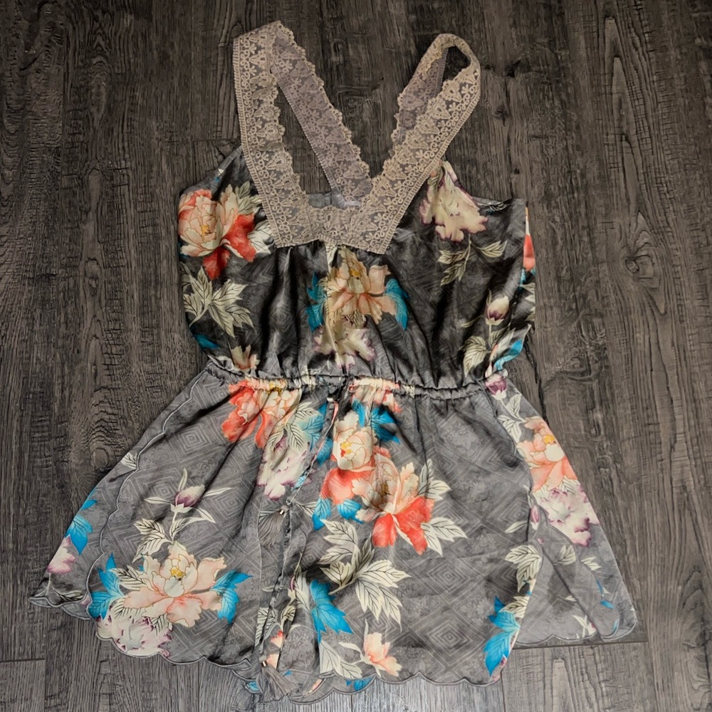 Anthropologie Gray Floral Lace-Trim Pajama Romper